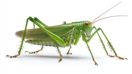 Fototapeta premium Photorealistic image of a green katydid standing still, showing detailed legs and antennae, white background