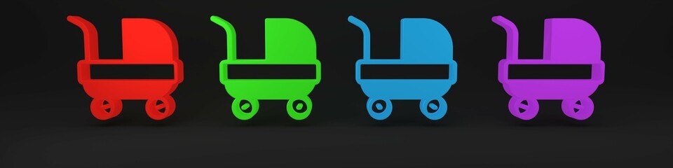 Colorful Baby stroller icon isolated on black background. Baby carriage, buggy, pram, stroller, wheel. Minimalism concept. 3D render illustration