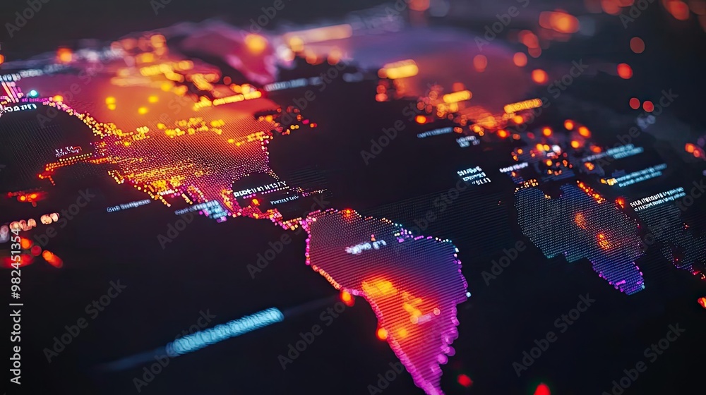 Poster A vibrant digital world map showcasing illuminated regions with data points, blending technology and global exploration.