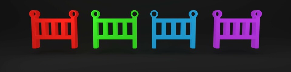 Colorful Baby crib cradle bed icon isolated on black background. Minimalism concept. 3D render illustration