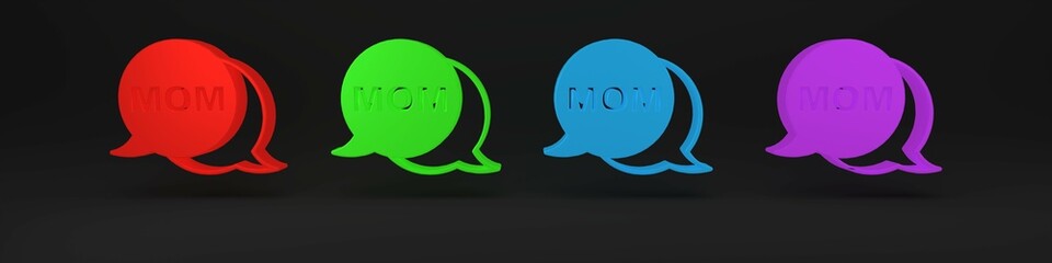 Colorful Speech bubble mom icon isolated on black background. Happy mothers day. Minimalism concept. 3D render illustration