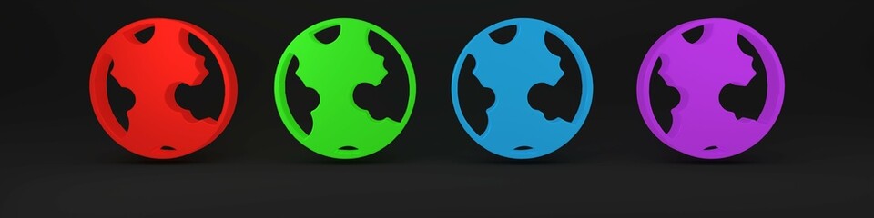 Colorful Earth globe icon isolated on black background. World or Earth sign. Global internet symbol. Geometric shapes. Minimalism concept. 3D render illustration