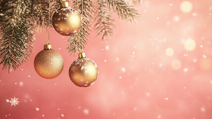 Golden baubles hanging from pine branches with snowflakes softly falling. Baubles positioned in the top right golden ratio. Background is soft red, offering space for text in the left corner.
