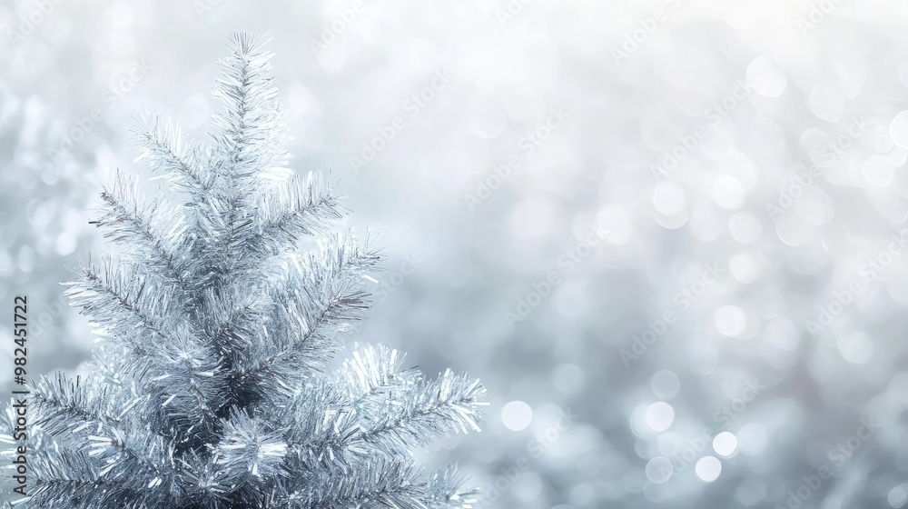 Poster A serene winter scene featuring a frosty evergreen tree with shimmering bokeh in the background, perfect for holiday themes.