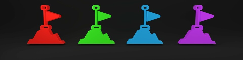 Colorful Mountains with flag on top icon isolated on black background. Symbol of victory or success concept. Goal achievement. Minimalism concept. 3D render illustration