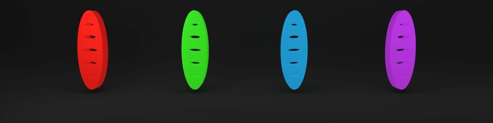 Colorful French baguette bread icon isolated on black background. Minimalism concept. 3D render illustration