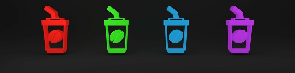 Colorful Coffee cup to go icon isolated on black background. Minimalism concept. 3D render illustration