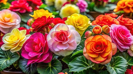 Delicate yet vibrant begonias unfurl their petals in a kaleidoscope of colors, showcasing the intricate beauty of each bloom in intimate close-up.