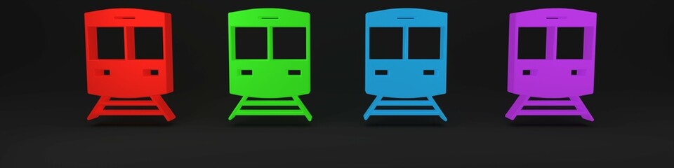 Colorful Train and railway icon isolated on black background. Public transportation symbol. Subway train transport. Metro underground. Minimalism concept. 3D render illustration