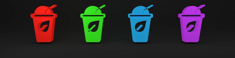 Colorful Cup of tea with leaf icon isolated on black background. Sweet natural food. Minimalism concept. 3D render illustration