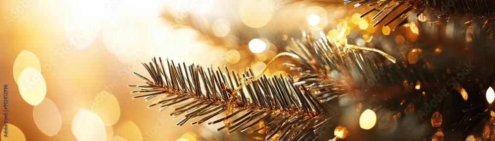 Poster Close-up view of sparkling Christmas tree branch with warm golden bokeh background, perfect for festive celebrations.