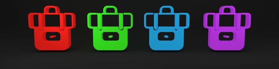 Colorful Hiking backpack icon isolated on black background. Camping and mountain exploring backpack. Minimalism concept. 3D render illustration