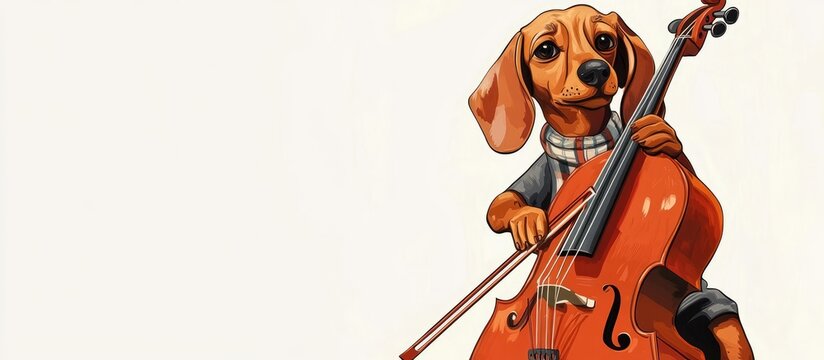 Animated dog playing the cello featuring a comic style dachshund making music set against a white background