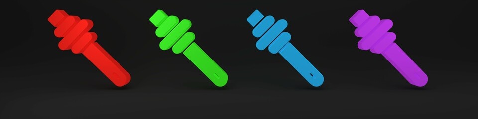 Colorful Honey dipper stick icon isolated on black background. Honey ladle. Minimalism concept. 3D render illustration