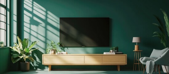 Obraz premium LED TV displayed on a cabinet in a contemporary living room with a dark green wall backdrop 3D rendering