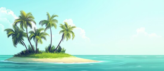 Fototapeta premium Isolated tropical island banner Concept of summer getaway in exotic destinations Illustration depicting relaxation by the seaside with palm trees on a small green island