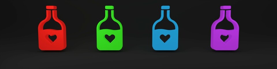 Colorful Bottle with love potion icon isolated on black background. Happy Valentines day. Minimalism concept. 3D render illustration