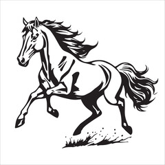 Obraz premium Horse running on the grass, black and white vector illustration.
