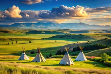 Elegant tents stand tall amidst rolling hills and endless plains, majestic in their simplicity, a testament to the spirit of traditional Native American way of life.
