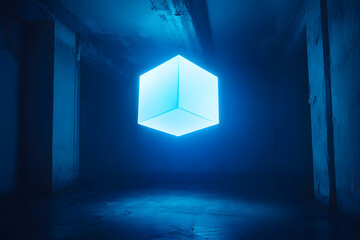 Empty corridor with open door and light at the end in a dark building