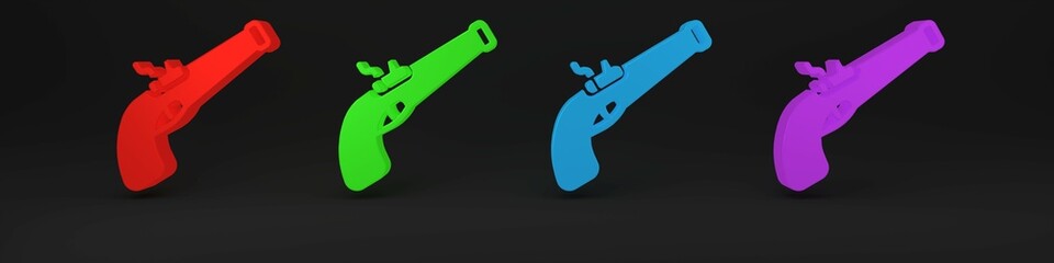 Colorful Vintage pistol icon isolated on black background. Ancient weapon. Minimalism concept. 3D render illustration