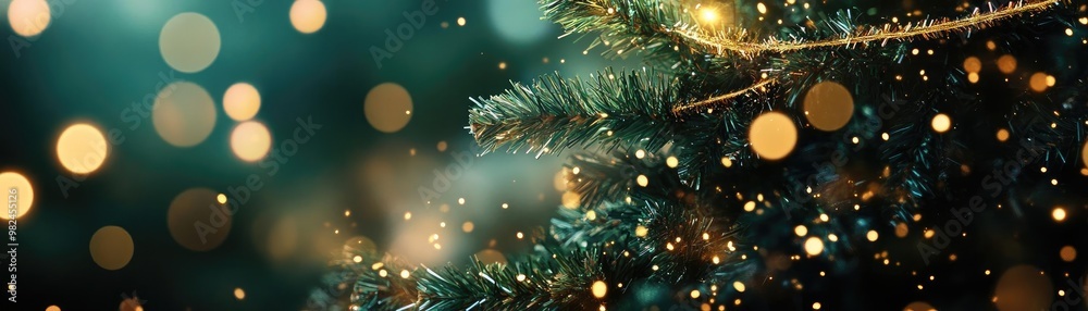 Poster A close-up of festive Christmas tree branches with sparkling lights and shimmering bokeh, creating a warm holiday atmosphere.