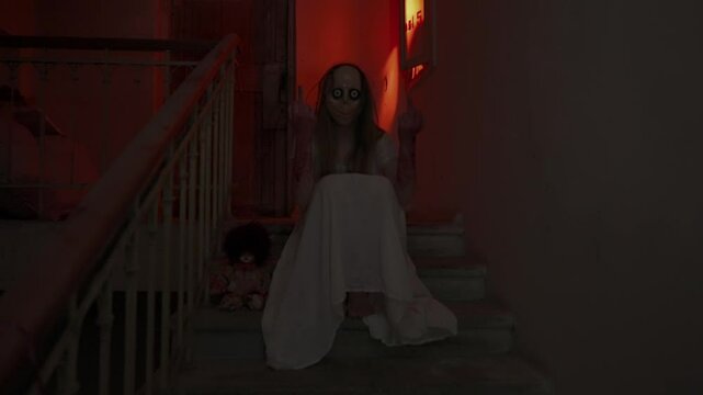 Young woman on the stairs in the dark. Creepy ghost woman in white dress and mask scary face one on stairs in dark haunted house looks at camera and shows fuck you gesture. Halloween Horror Concept.