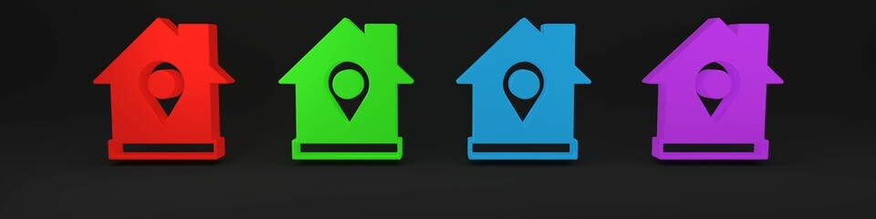 Colorful Map pointer with house icon isolated on black background. Home location marker symbol. Minimalism concept. 3D render illustration
