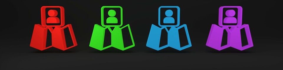 Colorful Folded map with location marker icon isolated on black background. Minimalism concept. 3D render illustration