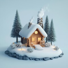 Naklejka premium 3D Icon: Cozy Cabin Nestled in a Snowy Forest Illustration Logo