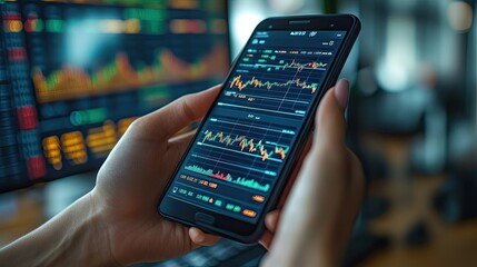Close-up of hands holding a smartphone showing stock trading performance