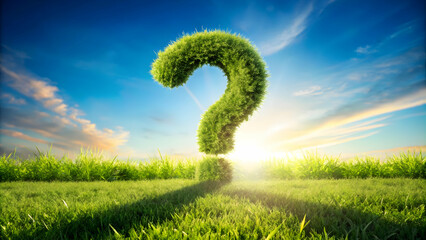 Curious green foliage forming a question mark in a peaceful landscape. Thought-provoking image of a green question mark under a bright sun.