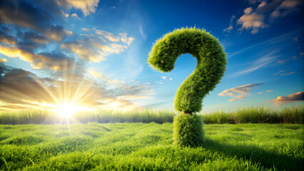 Curious green foliage forming a question mark in a peaceful landscape. Thought-provoking image of a green question mark under a bright sun.