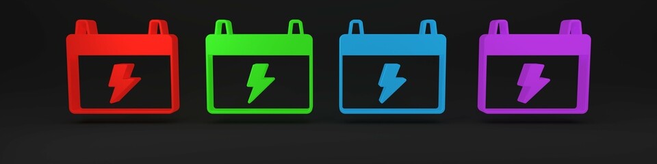 Colorful Car battery icon isolated on black background. Accumulator battery energy power and electricity accumulator battery. Minimalism concept. 3D render illustration