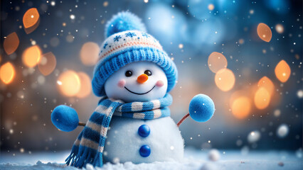 Happy snowman in a Christmas winter background, ideal for greeting cards with Christmas and New Year messages
