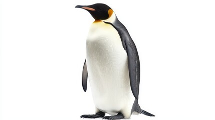Regal emperor penguin standing tall, black and white feathers vivid against a white background