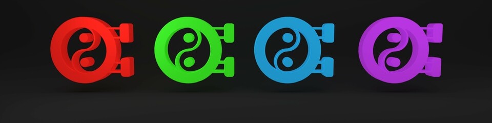 Colorful Yin Yang symbol of harmony and balance icon isolated on black background. Minimalism concept. 3D render illustration