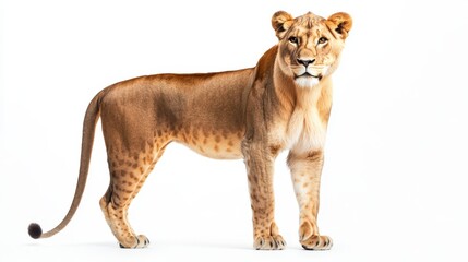 Obraz premium Regal lioness standing alert, eyes fixed forward, tawny fur smooth and sleek on a seamless white background