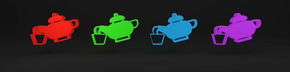 Colorful Traditional Chinese tea ceremony icon isolated on black background. Teapot with cup. Minimalism concept. 3D render illustration