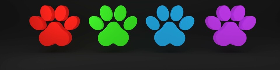 Colorful Paw print icon isolated on black background. Dog or cat paw print. Animal track. Minimalism concept. 3D render illustration