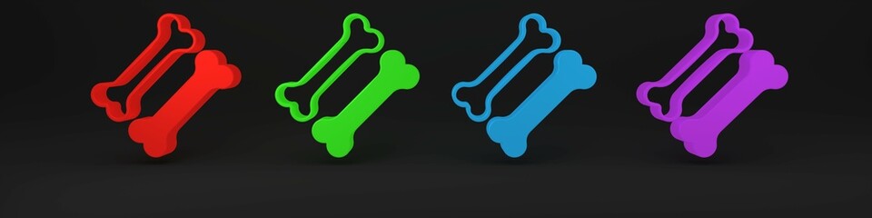 Colorful Dog bone icon isolated on black background. Pets food symbol. Minimalism concept. 3D render illustration