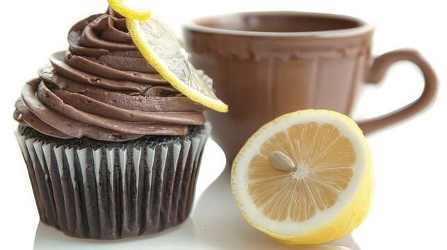A chocolate cupcake with lemon zest frosting and a thin lemon slice on top, beside a cup of tea. isolated on white background. 