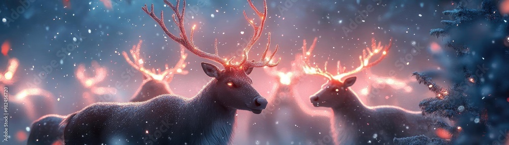 Poster a serene winter scene featuring illuminated reindeer amidst falling snow, creating a magical and enc