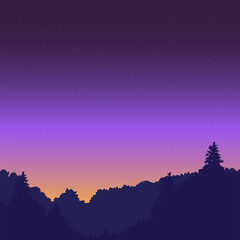 Vector forest at night with purple sky