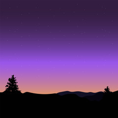 Vector silhouette of mountains at night