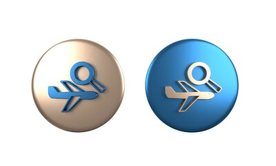 Colorful Airplane search icon isolated on white background. Circle button. 3D render illustration