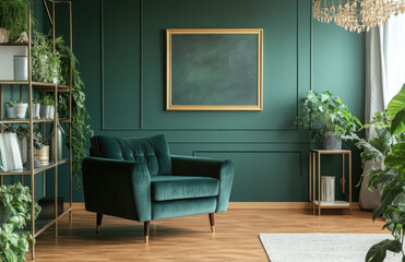 A vibrant green wall in an elegant living room, featuring geometric gold accents and blue velvet furniture. A white-framed artwork hangs above the sofa