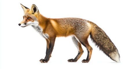 Obraz premium Striking red fox standing still, with its tail curled around its body, on a white background
