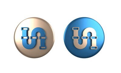 Colorful Industry metallic pipe icon isolated on white background. Plumbing pipeline parts of different shapes. Circle button. 3D render illustration
