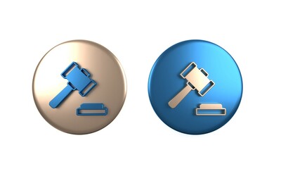 Colorful Judge gavel icon isolated on white background. Gavel for adjudication of sentences and bills, court, justice. Auction hammer. Circle button. 3D render illustration